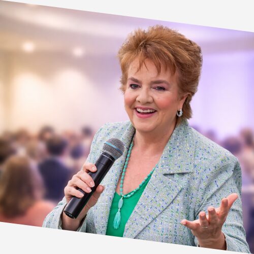 Woman speaking with microphone at event.
